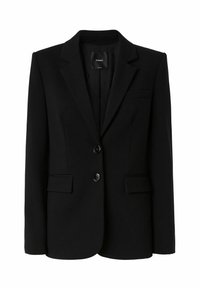 Crni sako sa strukturiranim dizajnom, dva prednja dugmeta i bočne džepove. Glatka tkanina sa reverima i jednim džepom na grudima.