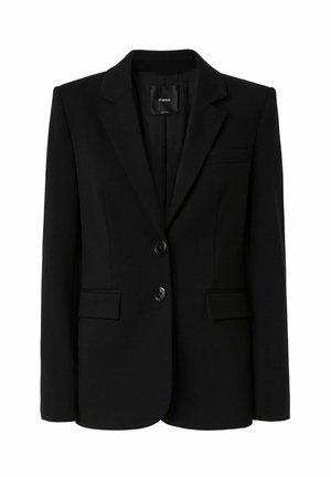 Crni sako sa strukturiranim dizajnom, dva prednja dugmeta i bočne džepove. Glatka tkanina sa reverima i jednim džepom na grudima.