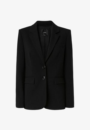 Crni sako sa strukturiranim dizajnom, dva prednja dugmeta i bočne džepove. Glatka tkanina sa reverima i jednim džepom na grudima.