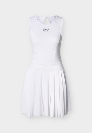 Biele športové šaty bez rukávov s plisovanou sukňou, otvorom na chrbte a logom EA7 Emporio Armani na hrudi.