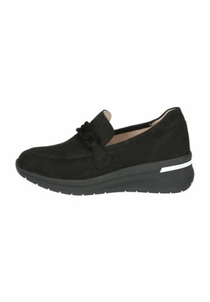 Black suede slip-on shoe with a rounded toe, decorative bow on the upper, and a cushioned wedge sole with a silver accent strip.