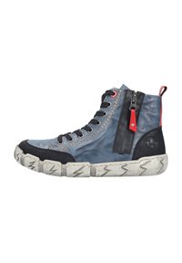 High-Top Sneaker aus blauem Leder mit schwarzen Akzenten, Gummisohle mit Zickzackmuster, gestickte Details und seitlichem Reißverschluss.