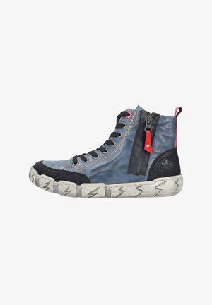 High-Top Sneaker aus blauem Leder mit schwarzen Akzenten, Gummisohle mit Zickzackmuster, gestickte Details und seitlichem Reißverschluss.