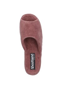 Roze badstof instapslipper met open teen design. Heeft een zachte textuur en een zwart "Westland" label op de voetbed.