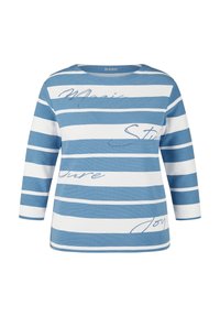 Blau-weißer gestreifter Langarmoberteil mit rundem Halsausschnitt, verziert mit geschwungenen Textakzenten und einer gerippten Textur im gesamten Design.