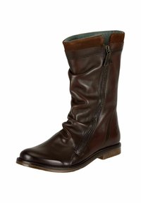 Brown leather knee-high boot with a slouched design, side zipper detail, and a contrasting brown suede cuff at the top. Flat sole.