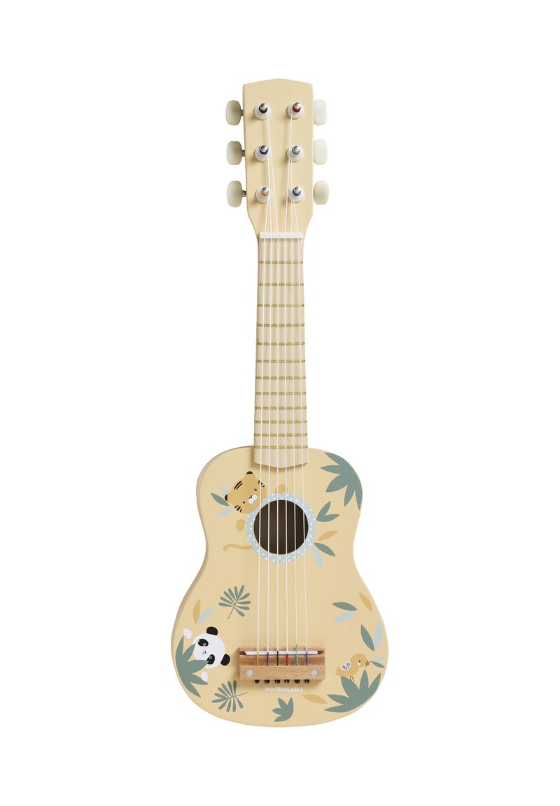 Children's ukulele with a light yellow wooden body, patterned with animal designs, featuring a round sound hole and six strings.