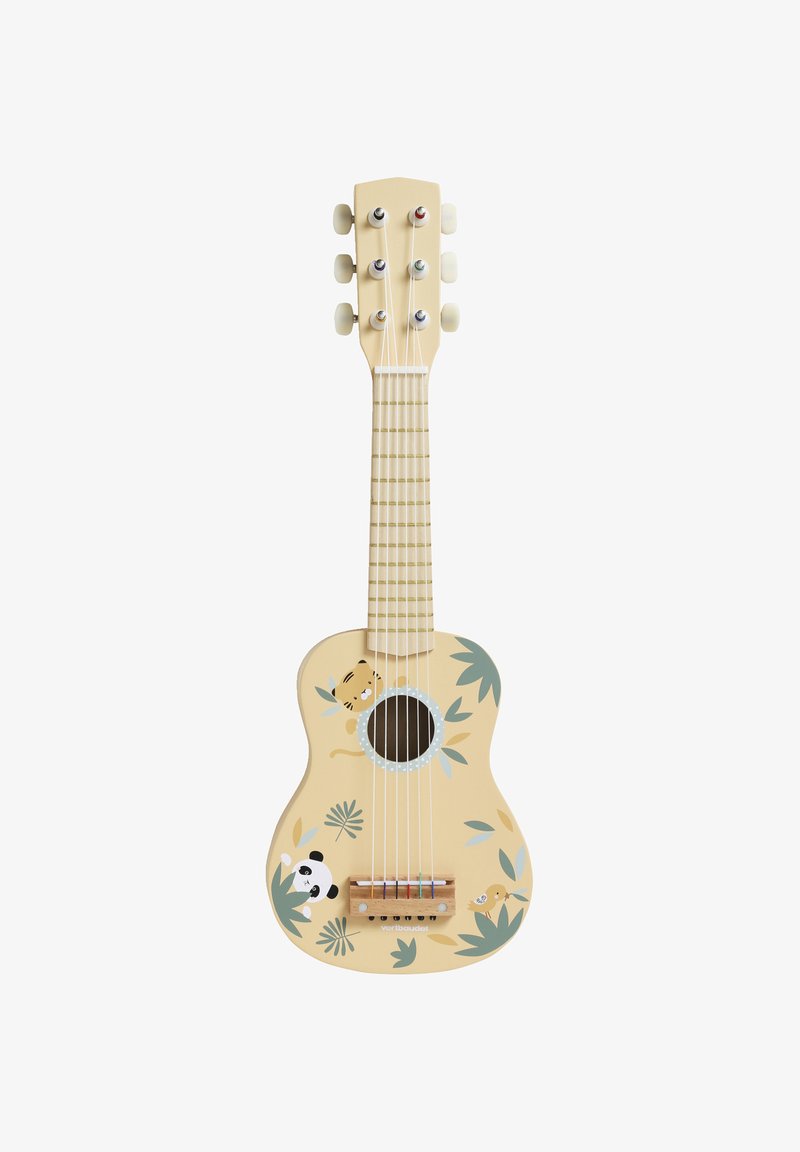 Children's ukulele with a light yellow wooden body, patterned with animal designs, featuring a round sound hole and six strings.