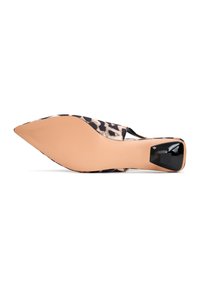 Pointed-toe shoe with a leopard print upper, black accent heel, and a nude, textured sole. Open back design for easy wear.