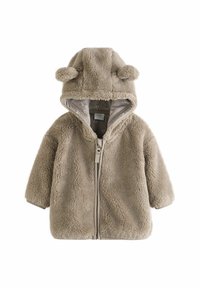 Beige Fleecejacke mit Reißverschluss, Kapuze mit abgerundeten Ohren und weichem, strukturiertem Stoff. Das Innenfutter hat ein dezentes Muster.