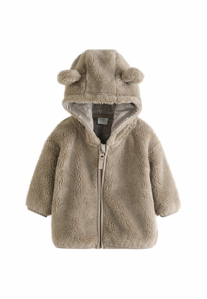 Beige Fleecejacke mit Reißverschluss, Kapuze mit abgerundeten Ohren und weichem, strukturiertem Stoff. Das Innenfutter hat ein dezentes Muster.