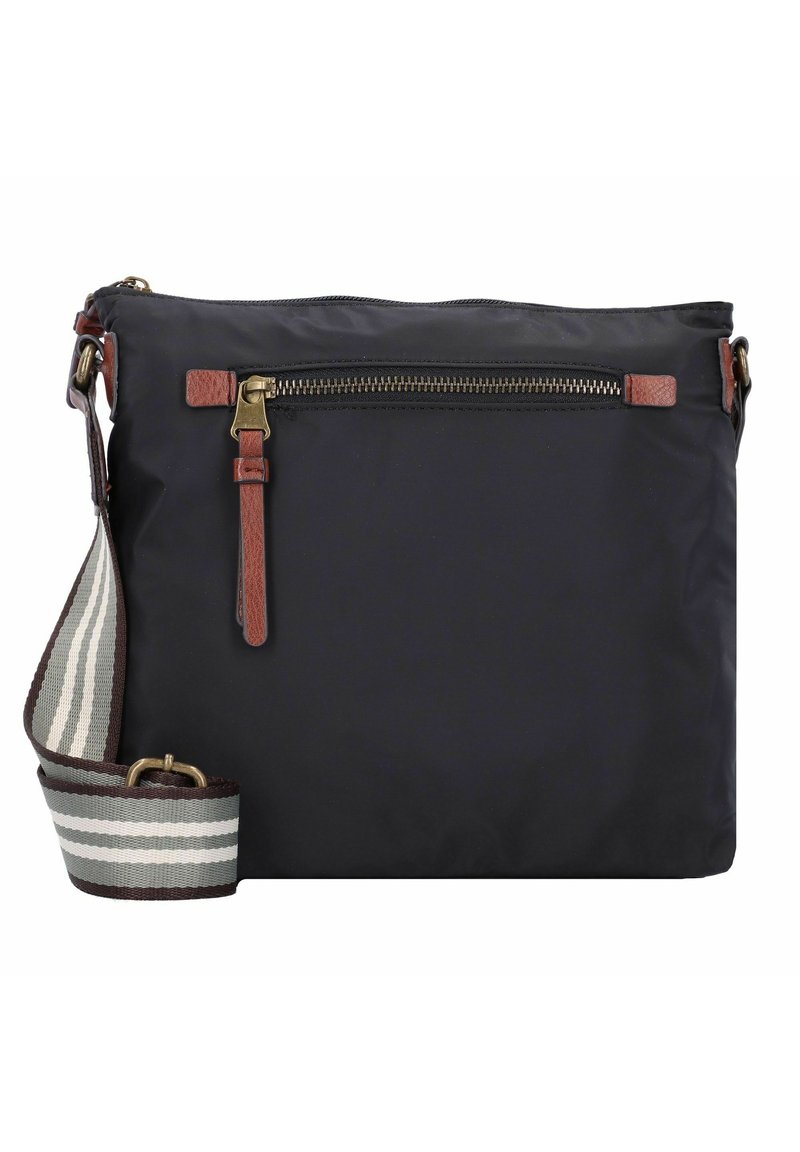 Marineblaue Nylon-Crossbody-Tasche mit braunen Lederdetails, Oberer Reißverschluss, und gestreiftem Stoffgurt. Flaches Design mit minimaler Verzierung.