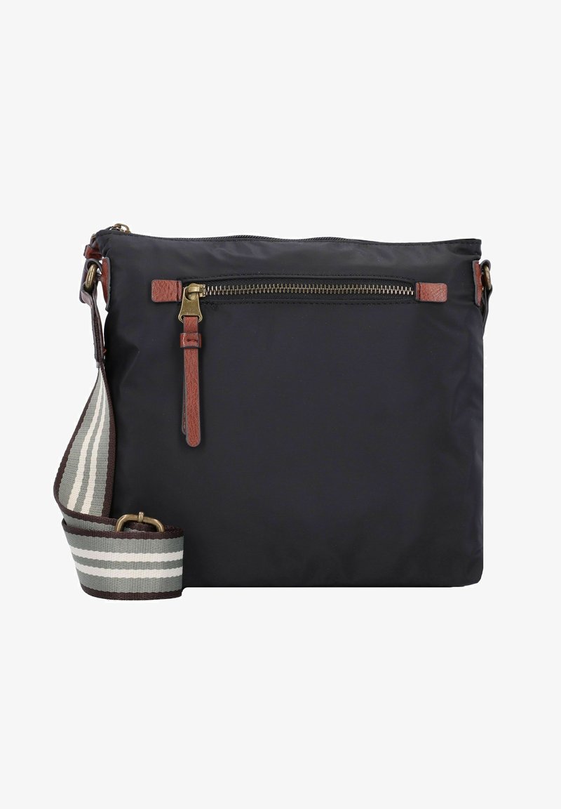 Marineblaue Nylon-Crossbody-Tasche mit braunen Lederdetails, Oberer Reißverschluss, und gestreiftem Stoffgurt. Flaches Design mit minimaler Verzierung.