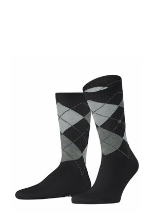 Black socks featuring a grey and light grey argyle pattern. Ribbed texture with reinforced toe and heel areas for durability.