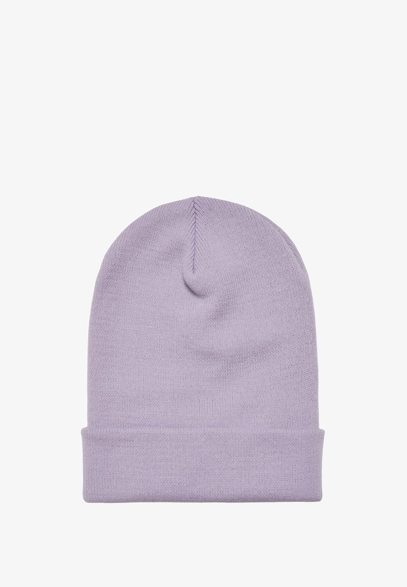 Light purple knitted beanie hat with a folded cuff, shown against a white background.