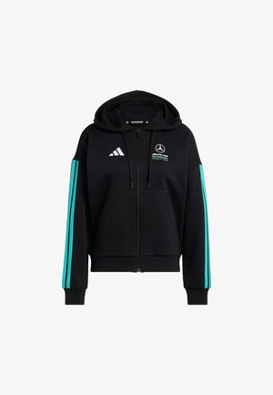Black zip-up hoodie with a hood, featuring turquoise three-stripe design and logos on the chest. Made of soft fabric with front pockets.