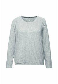 Lichtgrijze lange mouw sweatshirt met een ronde hals, elastische zoom en subtiele textuur. Heeft raglanmouwen en een middennaaddetail.