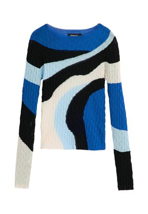 Maglione a maniche lunghe in maglia a trecce con strisce curve astratte nei colori blu, nero, azzurro e crema.