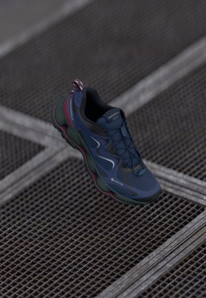Blue hiking shoe with a textured upper, green and maroon accents, GORE-TEX branding, and a sturdy, cushioned sole.