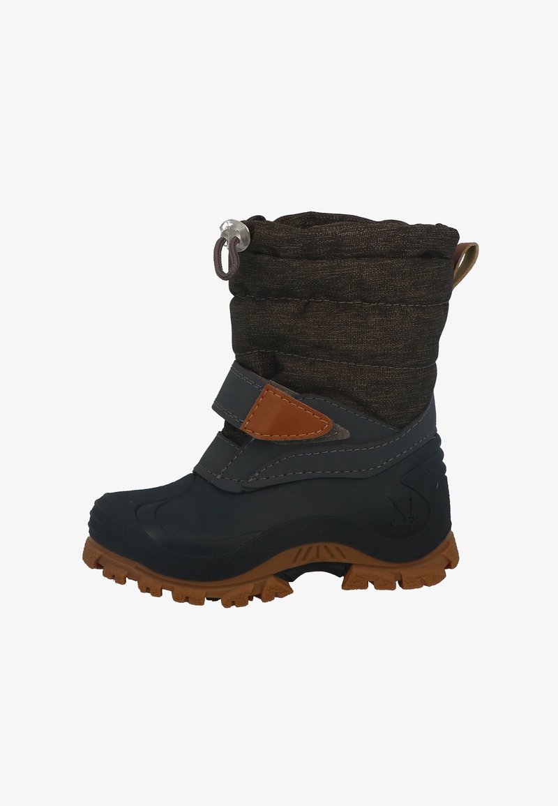 Botte d'hiver pour enfant, noire et marron, avec une semelle robuste, une sangle ajustable et une fermeture par cordon de serrage en haut.