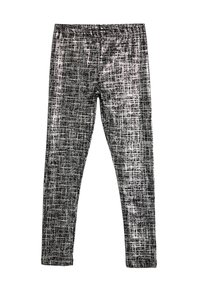 Leggings ajustados de estampado en blanco y negro, con una cinturilla elástica y un tejido texturizado que presenta un diseño en forma de cuadrícula.
