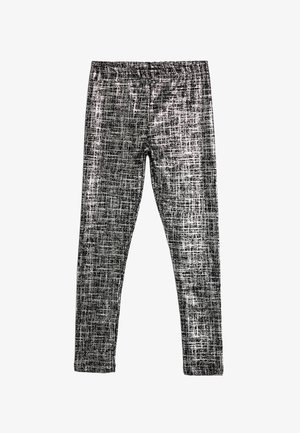 Schwarz-weiße gemusterte Leggings mit snug fit, elastischemBund und einem strukturierten Stoff mit einem gitterartigen Design.
