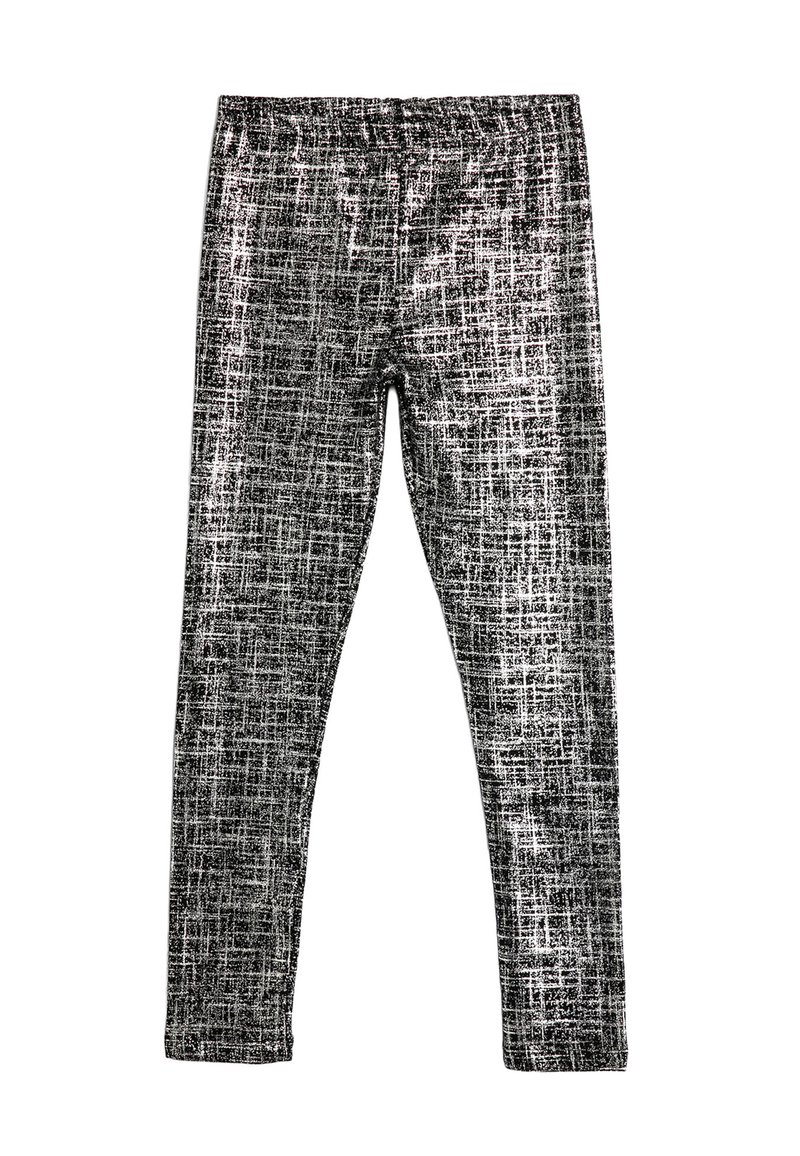 Leggings ajustados de estampado en blanco y negro, con una cinturilla elástica y un tejido texturizado que presenta un diseño en forma de cuadrícula.