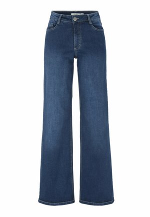 Dunkelblaue Hochbund-Hosen mit weitem Bein, mit vorderem Knopf und Taschen, vor einem weißen Hintergrund präsentiert.