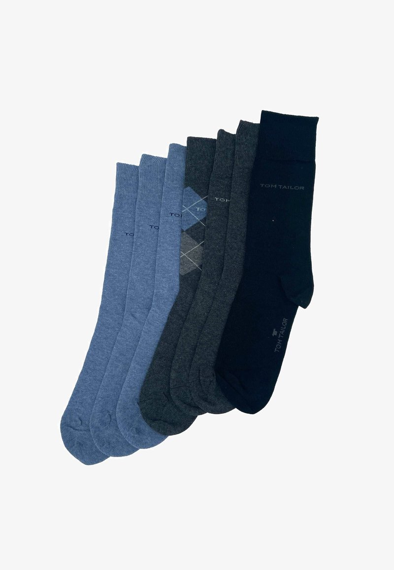 Set aus sieben Socken in unterschiedlichen Blau- und Grautönen. Das Material wirkt weich; umfasst einfarbige Muster und ein Rautenmuster.