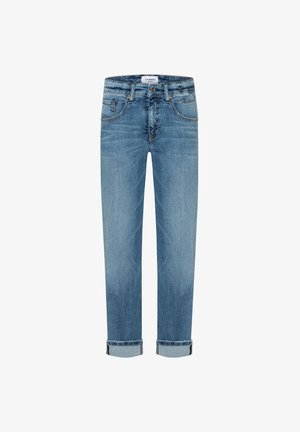 Middenblauwe rechte jeans met opgerolde pijpen, voor- en achterzakken, knoopsluiting en zichtbare stikseldetails.