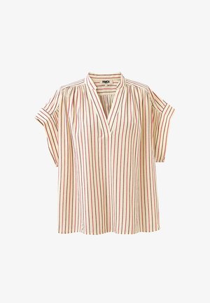 Short-sleeve, loose cream blouse with vertical red stripes, a V-neck collar, and gathered fabric at shoulders.