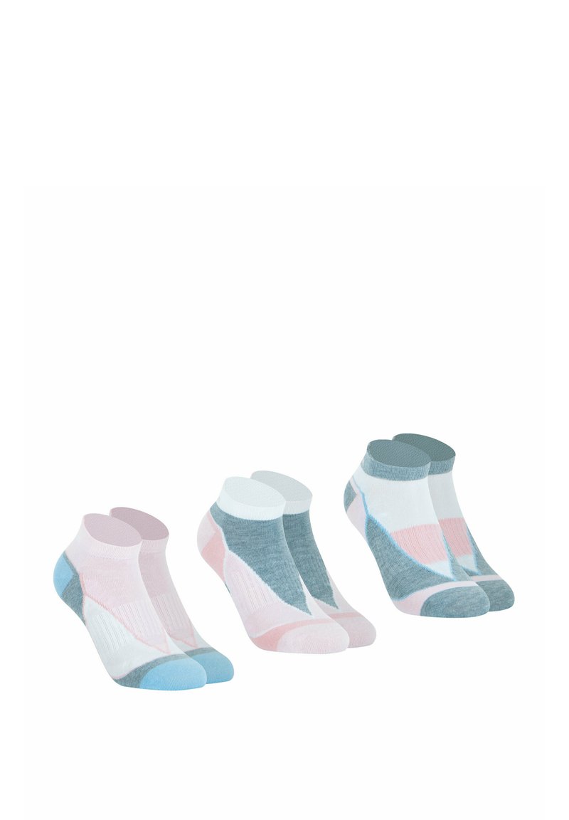 Trois paires de chaussettes de cheville : couleurs rose clair, gris, blanc et bleu ; texture côtelée ; motifs géométriques divers ; matériau doux.