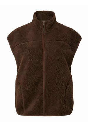 Brun fleece vest med høj krave, fuldlængde lynlås og blødt, struktureret stof. Har skulderbredde design og kontrasterende kant.
