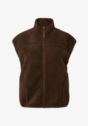 Brun fleece vest med høj krave, fuldlængde lynlås og blødt, struktureret stof. Har skulderbredde design og kontrasterende kant.