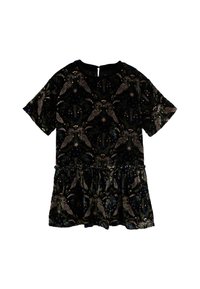 Melnās samta kleita ar ziedu un putnu rakstu metāliskos toņos. Īsas piedurknes, savākta svārku daļa un aizmugurējā pogu aizdare.