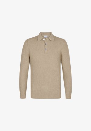 Beżowy sweter polo z długim rękawem, pleciony, z prążkowaną fakturą, z zapięciem na trzy guziki i klasycznym kołnierzykiem.