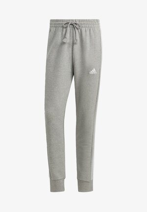 Graue Sweatpants aus weichem Material, mit elastischem Bund und Kordelzug, gerippten Bündchen und weißen Seitenstreifen.
