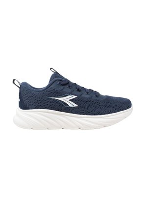 Scarpa da corsa da uomo in rete blu navy con suola spessa bianca ammortizzata e logo sul lato, chiusura con lacci e linguette di traino sul tallone e sulla lingua.