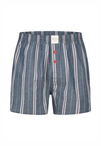 Pánské boxerky z látky s modrými, červenými a bílými vertikálními pruhy; mají elastický pas, přední knoflík a malou štítek.