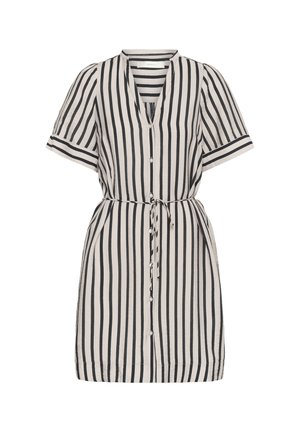 Króka sukienka w paski w odcieniach beżu i czerni. Posiada dekolt w kształcie litery V, krótkie rękawy, guziki z przodu oraz wiązany pasek w talii.