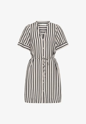 Króka sukienka w paski w odcieniach beżu i czerni. Posiada dekolt w kształcie litery V, krótkie rękawy, guziki z przodu oraz wiązany pasek w talii.