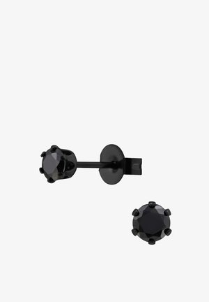 Black stud earrings featuring a faceted black stone, held by six prongs, with a simple post back for secure fastening.