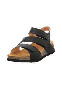 Schwarze Leder-Sandale mit drei verstellbaren Riemen, Korkfußbett und strukturiertem Gummisohle. Offenes Design und abgerundete Zehen für Belüftung.