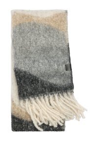 Wełniany szalik w szaro-beżowo-kremowych kolorach z abstrakcyjnymi wzorami. Posiada frędzlowane końce oraz małą metkę z logo. Miękka tekstura, kształt prostokątny.