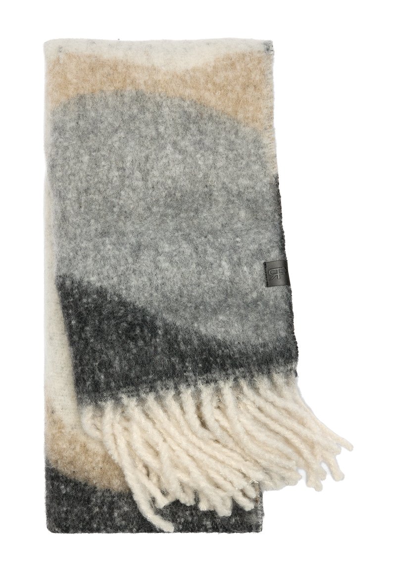 Wełniany szalik w szaro-beżowo-kremowych kolorach z abstrakcyjnymi wzorami. Posiada frędzlowane końce oraz małą metkę z logo. Miękka tekstura, kształt prostokątny.