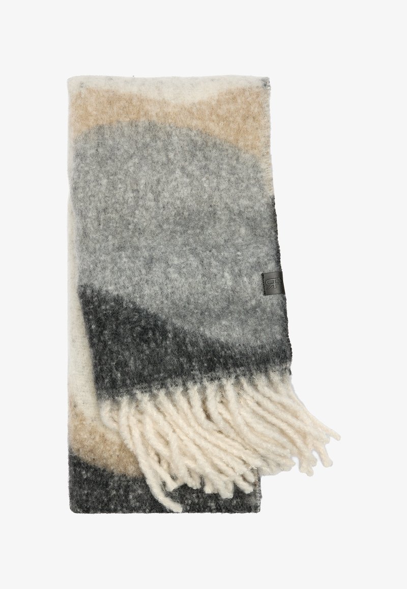 Wełniany szalik w szaro-beżowo-kremowych kolorach z abstrakcyjnymi wzorami. Posiada frędzlowane końce oraz małą metkę z logo. Miękka tekstura, kształt prostokątny.