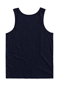 Mörkblå linne i bomull med en slät yta. Har breda axelband och en rund halsringning med rak nederkant.