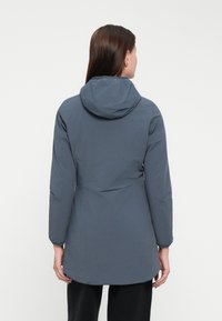 Grey insulated jacket with a hood, featuring long sleeves, a slightly longer back, and a smooth, water-resistant texture.