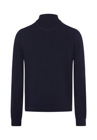 Marineblå pullover sweater med høj hals, lange ærmer og ribbede manchetter og kant. Lavet af et glat, letvægtigt stof.