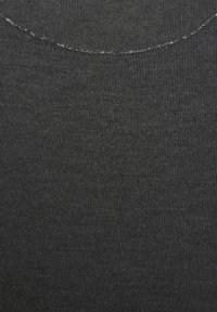 Dark gray sweater fabric with a ribbed texture, featuring a rounded neck and subtle shimmering accents along the neckline.